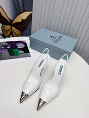 PRADA 26S SLINGBACK HEELS 95MM IN WHITE METAL TIP CALFSKIN