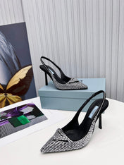 PRADA 26S SLINGBACK PUMPS STILETTO HEEL 95MM IN CRYSTAL EMBELLISHED STYLE 1