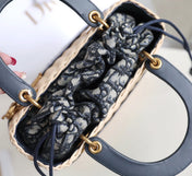 LADY 24 BASKET BAG IN BLACK OBLIQUE JACQUARD MIX BEIGE WICKER