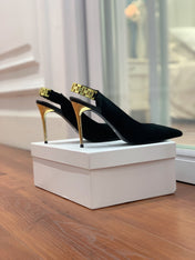 BALMAIN 26S SLINGBACK 95 MM IN BLACK SUEDE WITH GOLD HARDWARE