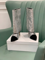 BALMAIN 26S BOOTS 105 MM IN SILVER GLITTER AND BLACK SUEDE