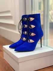 BALMAIN 26S BOOT 95 MM IN DARK BLUE SUEDE PEARL BUTTON
