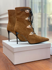BALMAIN 26S BOOT 95 MM IN BROWN SUEDE PEARL BUTTON