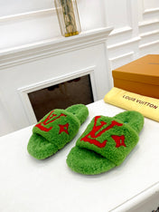 LV FLAT SLIPPER IN LAWN GREEN MIX CHERRY RED SHEARLING