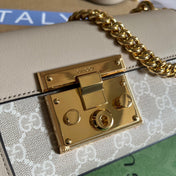 PADLOCK 22 SMALL GG SHOULDER BAG IN BEIGE CALFSKIN AND CANVAS