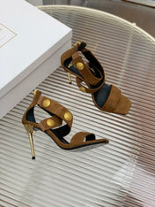 BALMAIN 25S CROSSOVER STRAP HIGH HEELS 95MM IN BROWN SUEDE