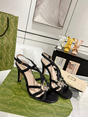 GG CRYSTAL HIGH HEEL SANDAL BLACK CALFSKIN SPECIAL