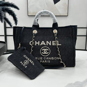 CC DEAUVILLE LARGE 38 TOTE BAG IN DARK NAVY CANVAS WITH WHITE LOGO EMBROIDERED