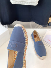 CHLOÉ LOAFER SHOES IN PIGEON BLUE DENIM AND WOVEN RAFFIA