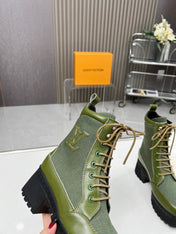 LAUREATE PLATFORM DESERT BOOT IN DARK OLIVE GREEN JACQUARD AND CALFSKIN