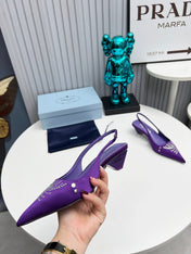 PRADA 26S POINTED TOE SLINGBACK 40MM IN PURPLE SATIN CRYSTAL EMBELLISHED