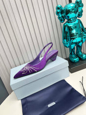 PRADA 26S POINTED TOE SLINGBACK 40MM IN PURPLE SATIN CRYSTAL EMBELLISHED