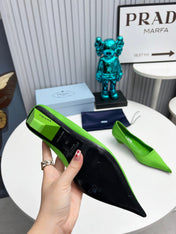 PRADA 26S POINTED TOE PUMPS 40MM IN APPLE GREEN SATIN