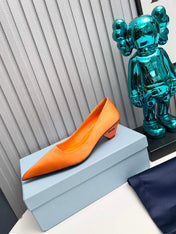 PRADA 26S POINTED TOE PUMPS 40MM IN ORANGE SATIN