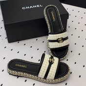 Double CC Women White Black Slippers Calfskin