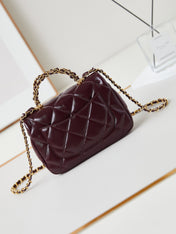 FLAP BAG WITH TOP HANDLE 18 IN WINE RED OIL-WAX LAMBSKIN GOLD HARDWARE