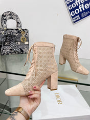 NAUGHTILY-D HEELED ANKLE BOOT IN BISQUE BEIGE CANNAGE MOTIF MESH AND SUEDE 8 CM