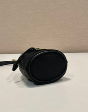 MINI BUCKET BAG 10 IN BLACK RE-NYLON AND SAFFIANO LEATHER STRAP