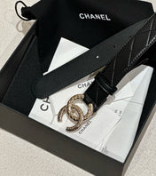 DOUBLE C BELT 30MM IN BLACK CALFSKIN EMBOSSED LOGO GOLD BUCKLE