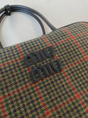 BEAU TOP HANDLE BAG 34 IN LODEN GREEN TARTAN AND BLACK LEATHER TRIM