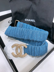 DOUBLE C ELASTIC BELT 30MM IN BLUE DENIM GOLD BUCKLE EMBOSSED CRYSTAL
