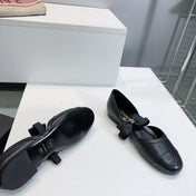 CHANEL FLAT MARY JANE SHOES 25S IN BLACK LAMBSKIN EMBOSSED LOGO WITH BOW