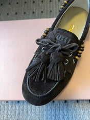 MIUMIU 26S TASSEL LOAFERS IN DARK BROWN SUEDE