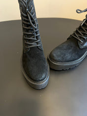 CELINE 26S MARGARET COMBAT BOOT 45 MM IN BLACK CANVAS AND SUEDE