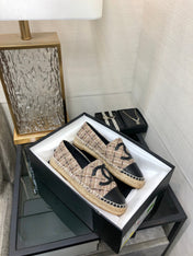 ESPADRILLE CAMEL BEIGE TWEED FABRIC AND BLACK CALFSKIN FLATS