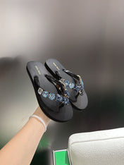 MIUMIU 26S THONG SANDALS IN BLACK EVA BLUE CRYSTAL-EMBELLISHED