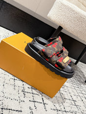 LV MIAMI-STYLE SANDALS 25S IN BROWN FABRIC AND BLACK CALFSKIN