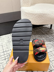 LV MIAMI-STYLE SANDALS 25S IN BROWN FABRIC AND BLACK CALFSKIN
