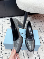 PRADA 26S BOWLING-STYLE HIGH HEELS 70MM IN STEEL GRAY GLOSSY CALFSKIN