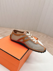 KIGA SNEAKER IN WHITE CROCHET KNIT AND BRONZE BROWN CALFSKIN