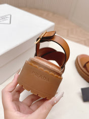 PRADA 25S SANDALS IN LIGHT TAN CALFSKIN LOGO GOLD HARDWARE