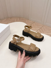 PRADA 26S SINGLE STRAP CHUNKY SOLE SANDALS IN BROWN CANVAS