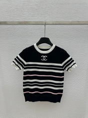 CHANEL SHORT-SLEEVE KNIT TOP STRIPED