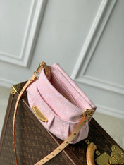 SUNSET 27 IN WASHED PINK MONOGRAM DENIM GOLD BUCKLE