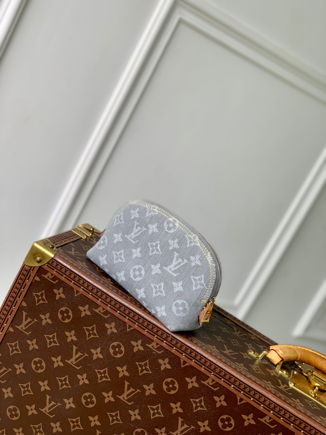 COSMETIC POUCH 19 IN GREY MONOGRAM DENIM GOLD HARDWARE
