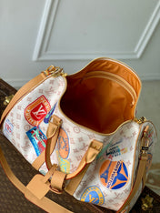 KEEPALL BANDOULIÈRE 45 IN WHITE MONOGRAM DUNE CANVAS AND CALFSKIN