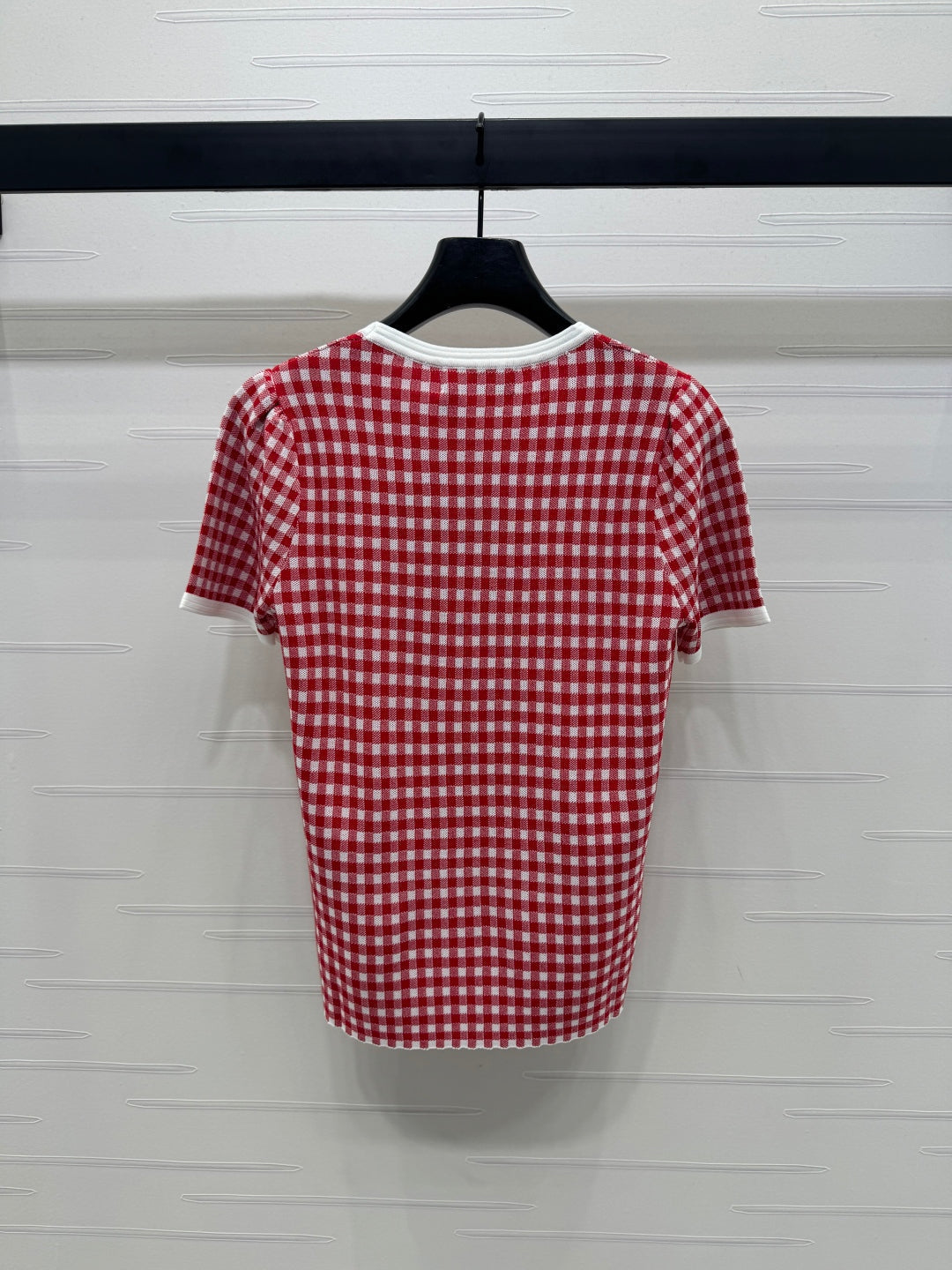 MIUMIU CREW NECK SHORT-SLEEVE PLAID KNIT TOP 274834