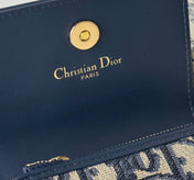 DIOR 25S CARO CARD HOLDER 11 IN BLUE CALFSKIN AND CANVAS GOLD HARDWARE