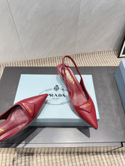 PRADA 26S POINTED TOE SLINGBACK HIGH HEELS 55MM IN DEEP WINE RED SHEEPSKIN WITH LOGO