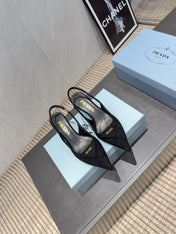 PRADA 26S POINTED TOE SLINGBACK HIGH HEELS 55MM IN BLACK SUEDE WITH LOGO