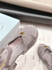 PRADA 26S HEELED SANDALS 75MM IN TAUPE BROWN SUEDE WITH LOGO
