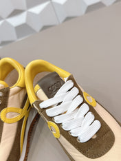 LOEWE 26S FLOW RUNNER SNEAKER IN DARK OLIVE BROWN SUEDE AND YELLOW CALFSKIN