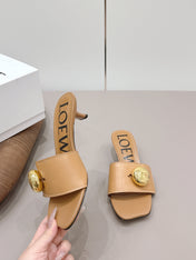 LOEWE 26S SQUARE TOE SANDALS 45MM IN TAN BROWN CALFSKIN GOLD HARDWARE