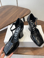 LOEWE 26S ONDA 90MM T-STRAP HIGH-HEEL SHOES IN BLACK GLOSSY CALFSKIN