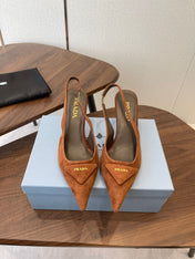 PRADA 26S SLINGBACK PUMPS 75MM IN CARAMEL BROWN SUEDE WITH LOGO