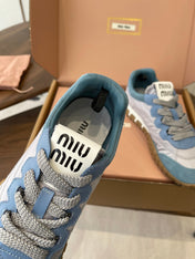 MIUMIU 26S SNEAKERS IN LIGHT GRAY AND BLUE FABRIC AND SUEDE